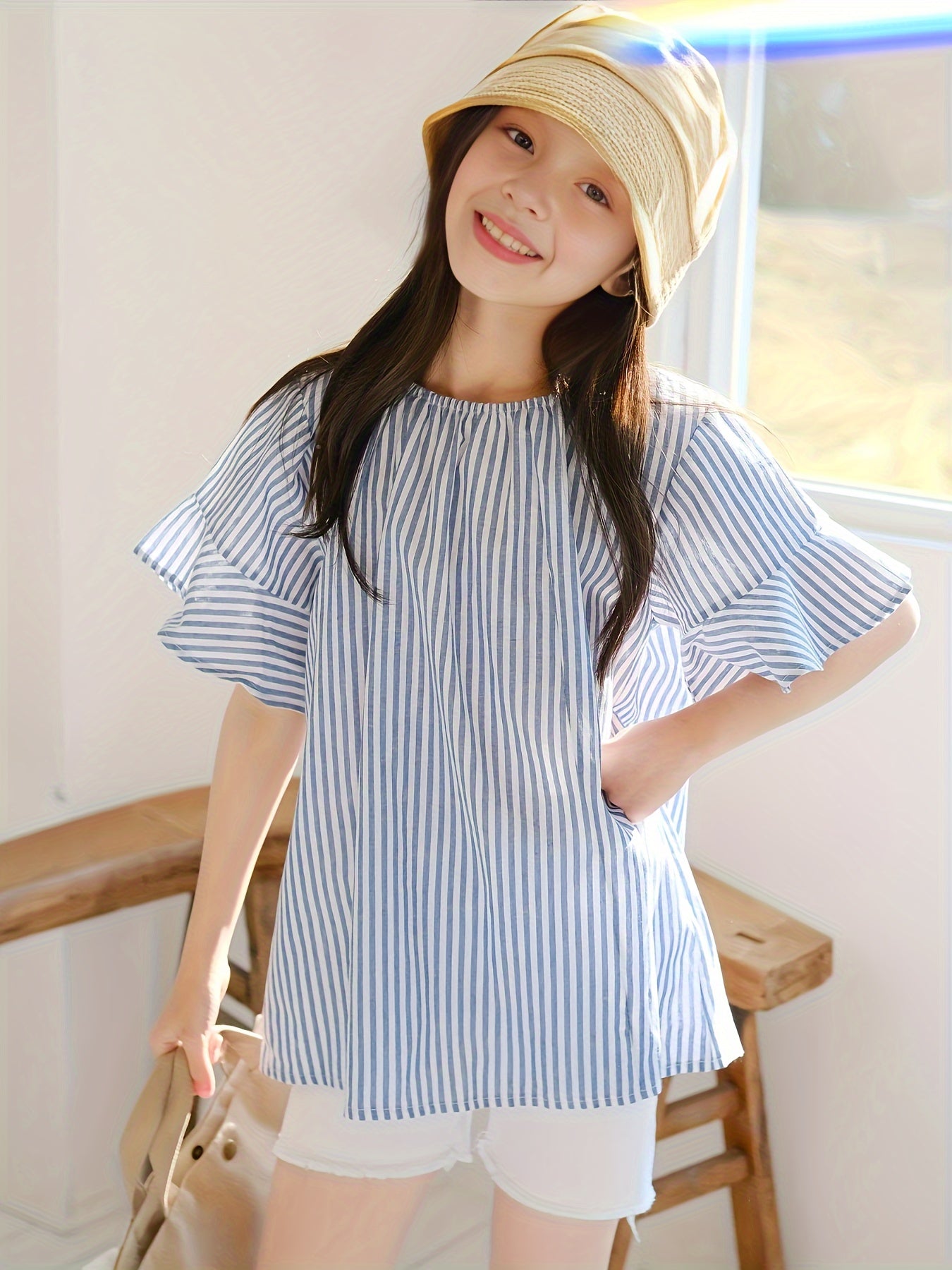 Casual Girls Stripe Blouse Flounce Sleeve Loose Summer Tops