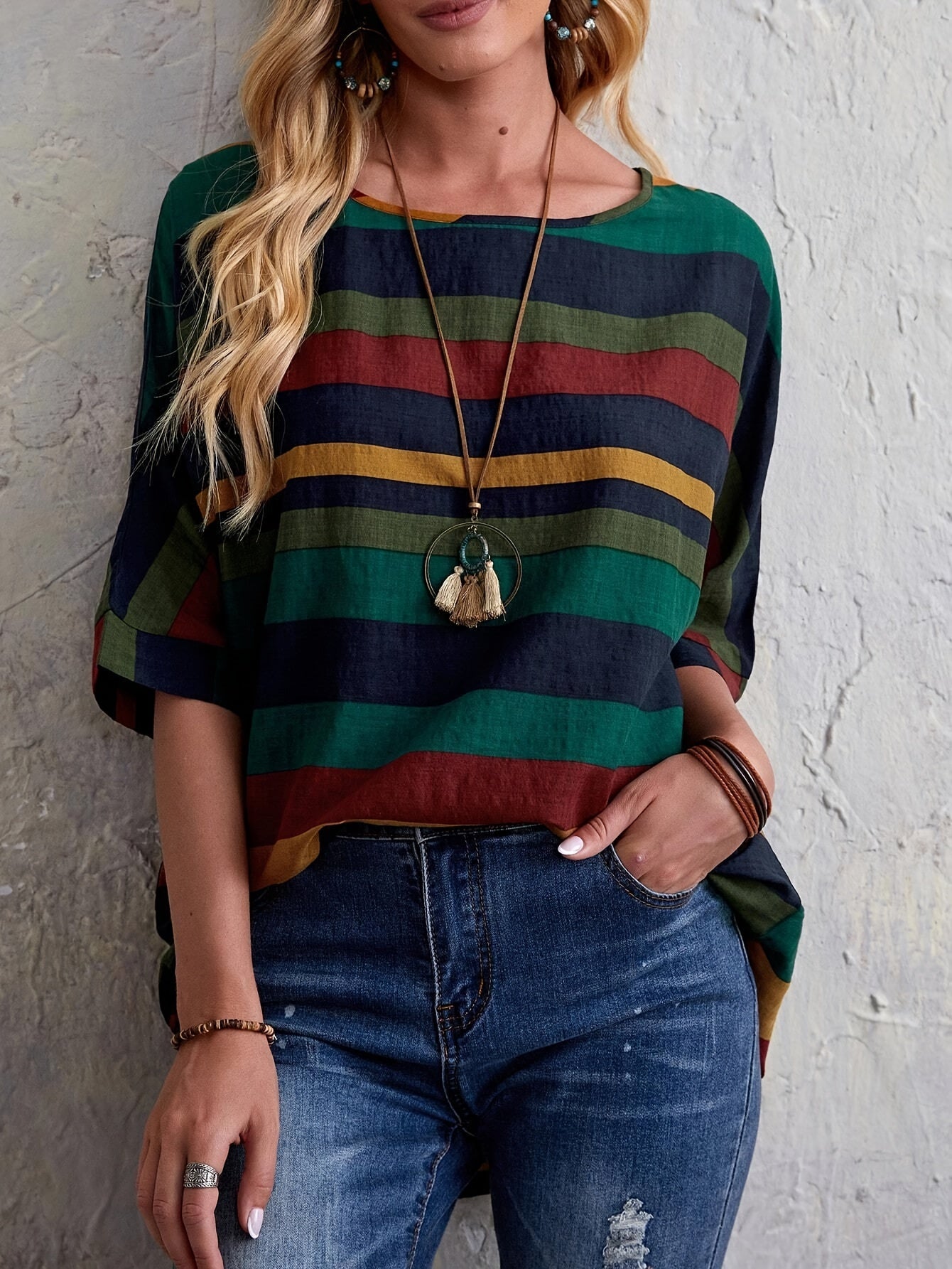 Colorblock Crew Neck Loose Blouse, Casual Half Sleeve Blouse For Spring & Summer, Women's Clothing