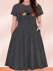 Plus Size Floral Print Dress, Casual Crew Neck Short Sleeve Midi Dress For Summer, Women's Plus Size Clothing