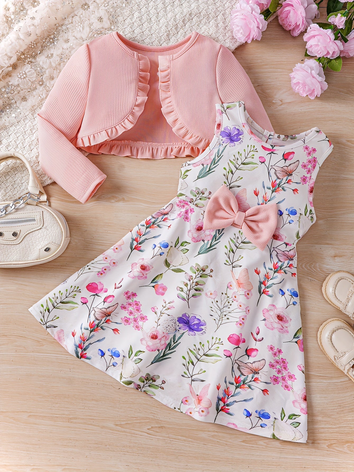 Sweet Girls 2pcs Solid Frill Trim Long Sleeve Outerwear + Flower Graphic Sleeveless Dress Set For Summer Party Gift