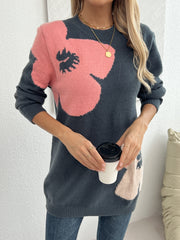 Floral Pattern Loose Fit Sweater, Stylish Crew Neck Long Sleeve Pullover Sweater For Winter & Fall, Women's Clothing