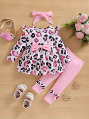 Fall/Winter Chic: Baby Girls' Leopard Print 3-Piece Outfit - Knit Flying Sleeve Top, Bow Pants & Headband, Easy Care