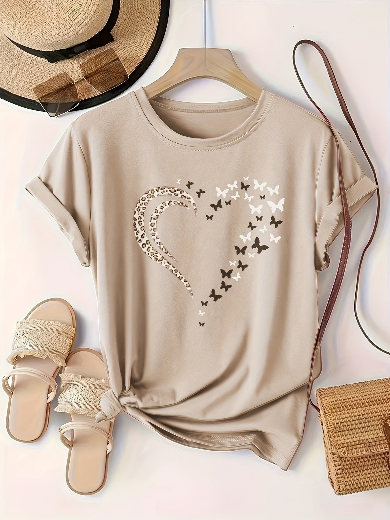 Plus Size Butterfly Heart Print Crew Neck T-Shirt - Soft Slight Stretch Fabric, Positioning Printing, Casual Short Sleeve Top for Spring & Summer - Womens Comfortable Knit Fabric Clothing for Warm Weather