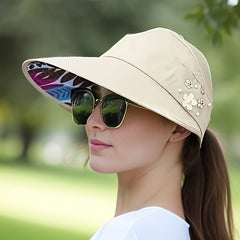 Chic Foldable Beaded Flower Sun Hat - Stylish Knitted Women's UV Protection Visors, Durable And Comfortable Outdoor Wear