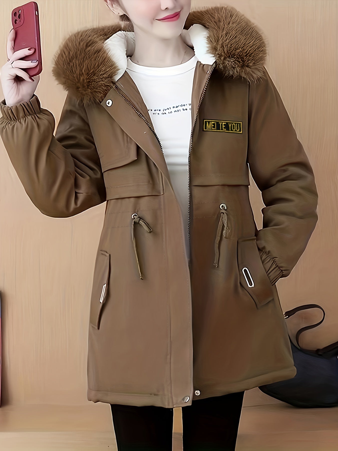 Fluffy Trim Hooded Warm Coat, Casual Zip Up Long Sleeve Winter Outerwear, Women's Clothing