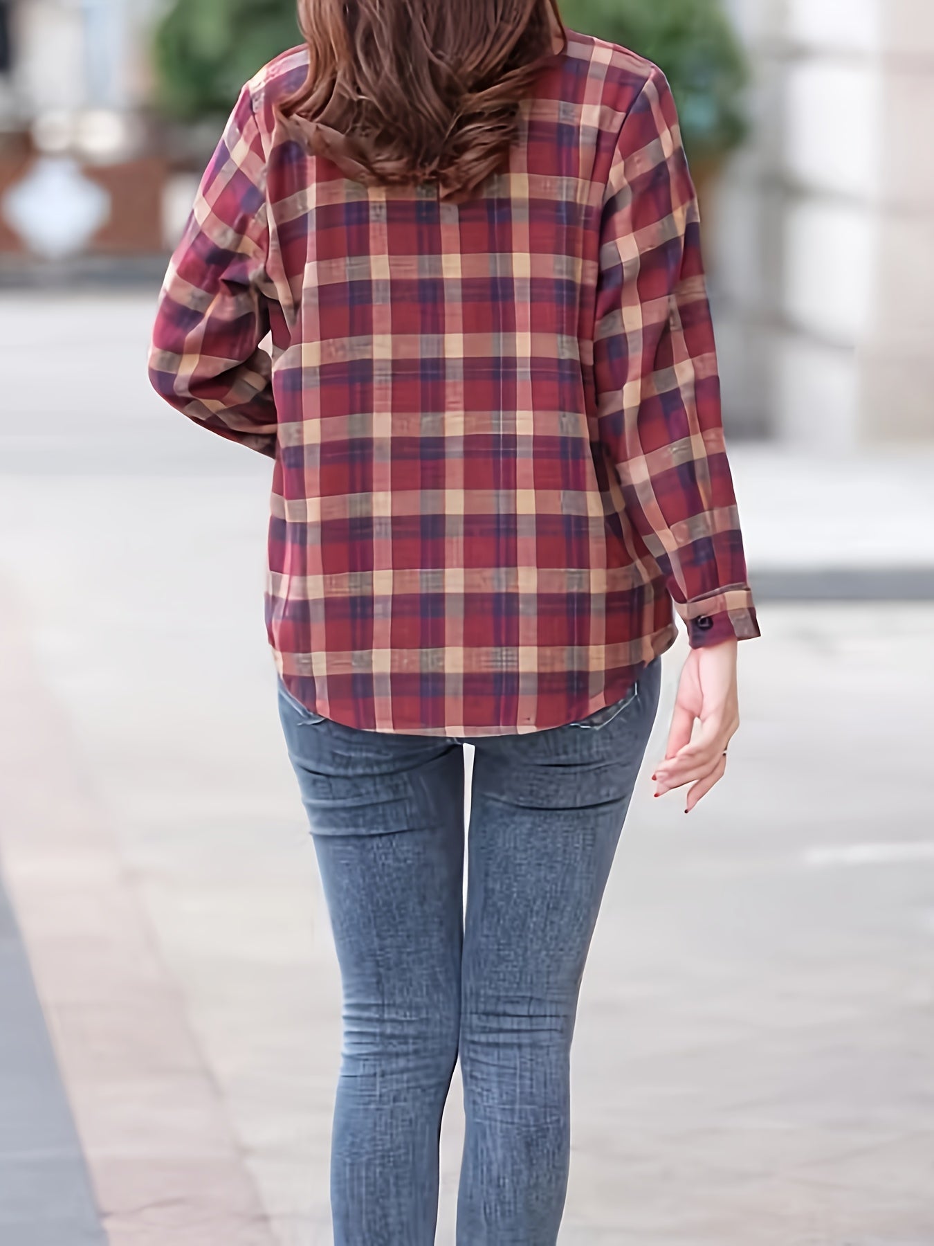 Plaid Print Button Front Blouse, Casual Long Sleeve Blouse For Spring & Fall, Women's Clothing