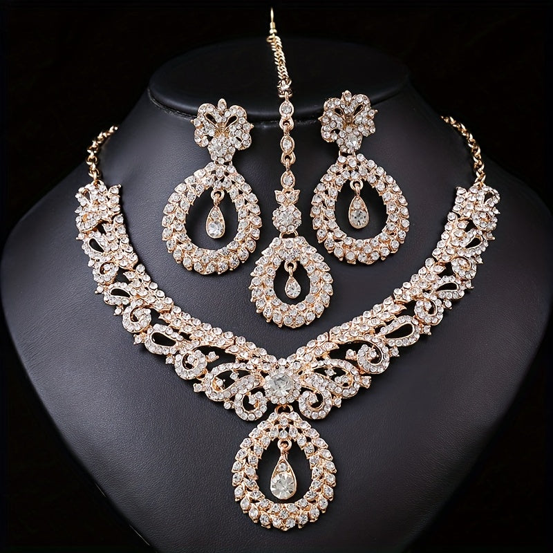 Luxury Accessories Exaggerated Vintage Earrings & Necklace Jewelry Set, Women's Luxury Crystal Party Dress Accessories Clavicle Chain