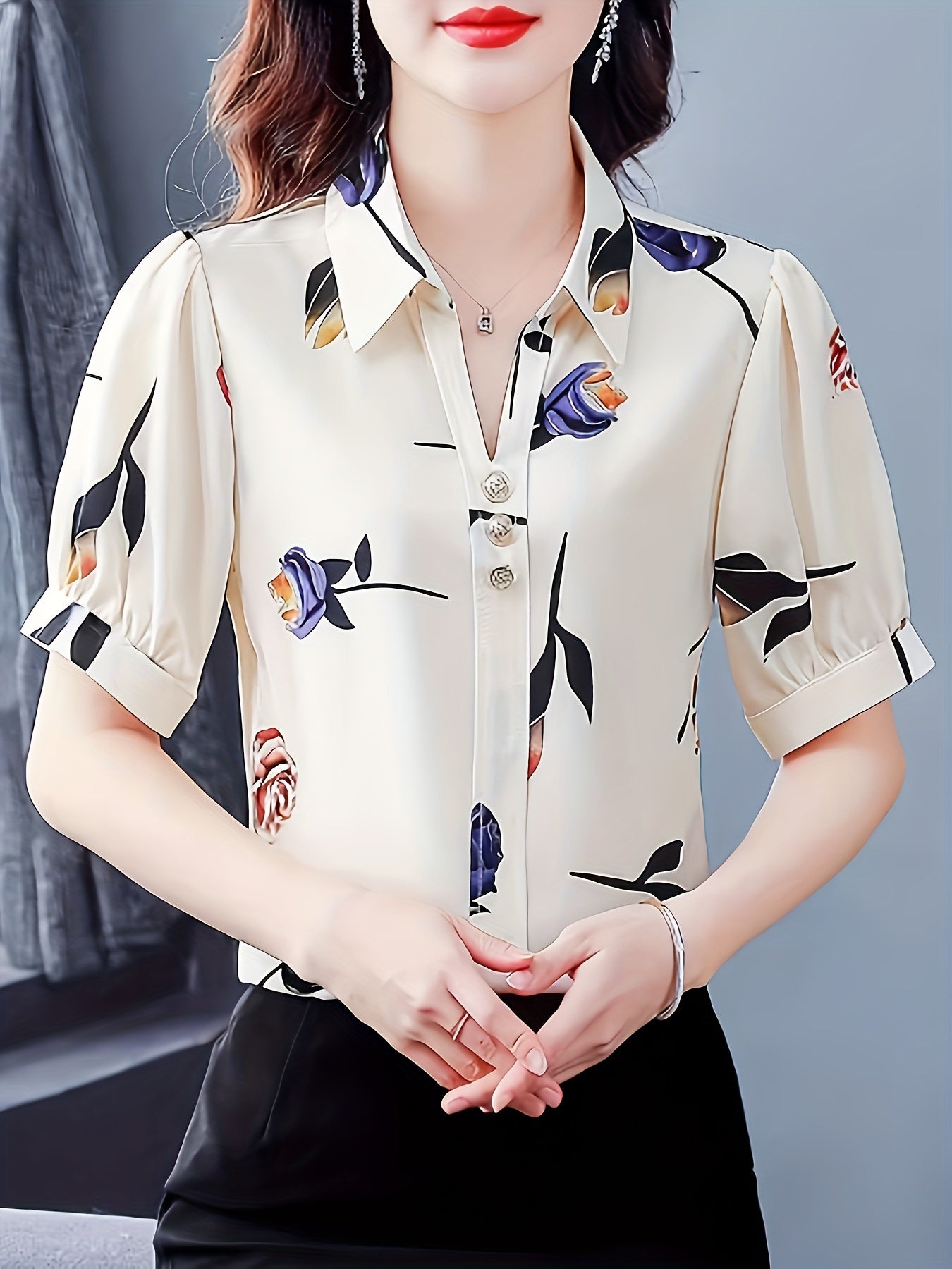 Floral Print Button Decor Shirt, Elegant Short Sleeve Collared Top For Spring & Summer, Women's Clothing