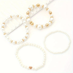 4pcs White Faux Pearls Beads Beaded Bracelet Set Elegant Handmade Hand String Jewelry Accessory