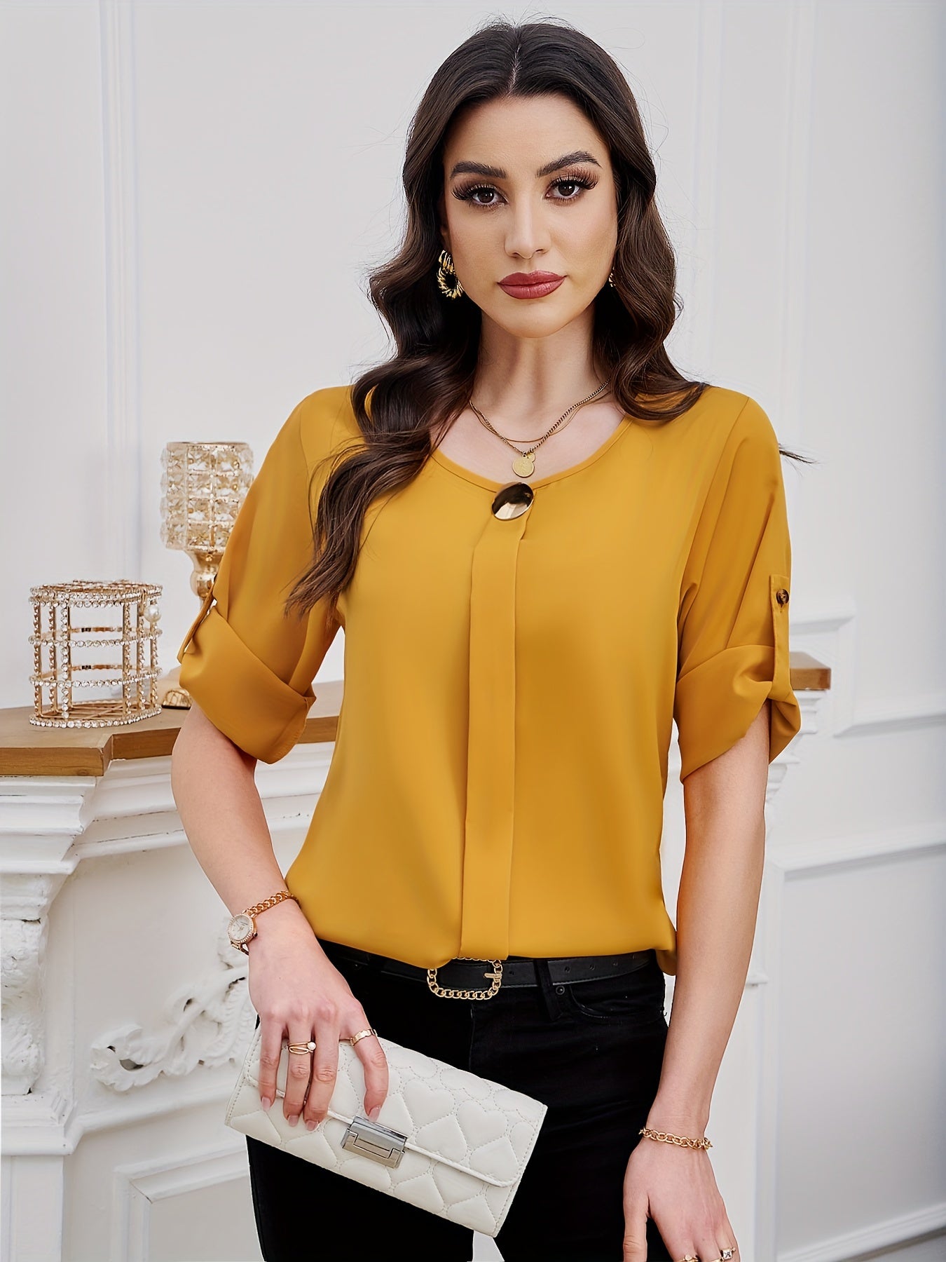 Solid Round Decor Pleated Blouse, Elegant Crew Neck Short Sleeve Blouse For Spring & Summer, Women's Clothing