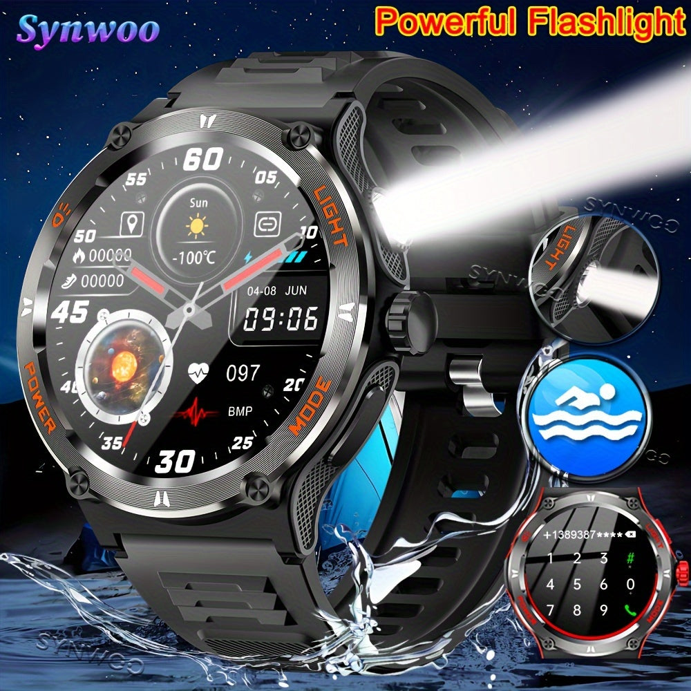 2024 Smart Watch For Men 3.89cm Smart Watch (Answer/Make Calls) With Ultra Powerful Flashlight 100+Sports Modes Fitness Tracker, 500mAh Extra-Long Battery, Compass, Waterproof Rugged Smartwatch Smart Watch For IPhone/Android