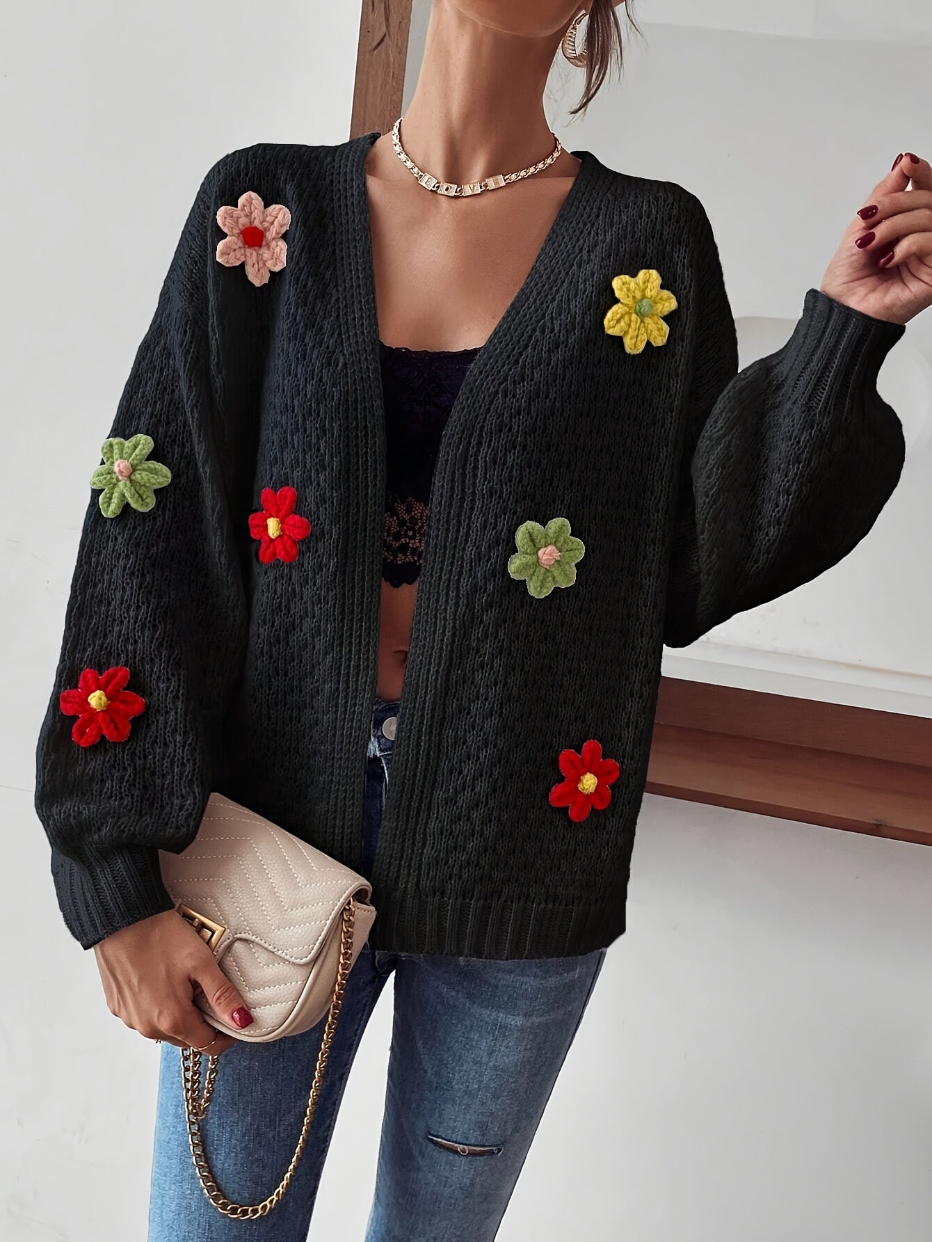 Floral Texture Open Front Cardigan, Casual Long Sleeve Cardigan For Fall & Winter, Women's Clothing