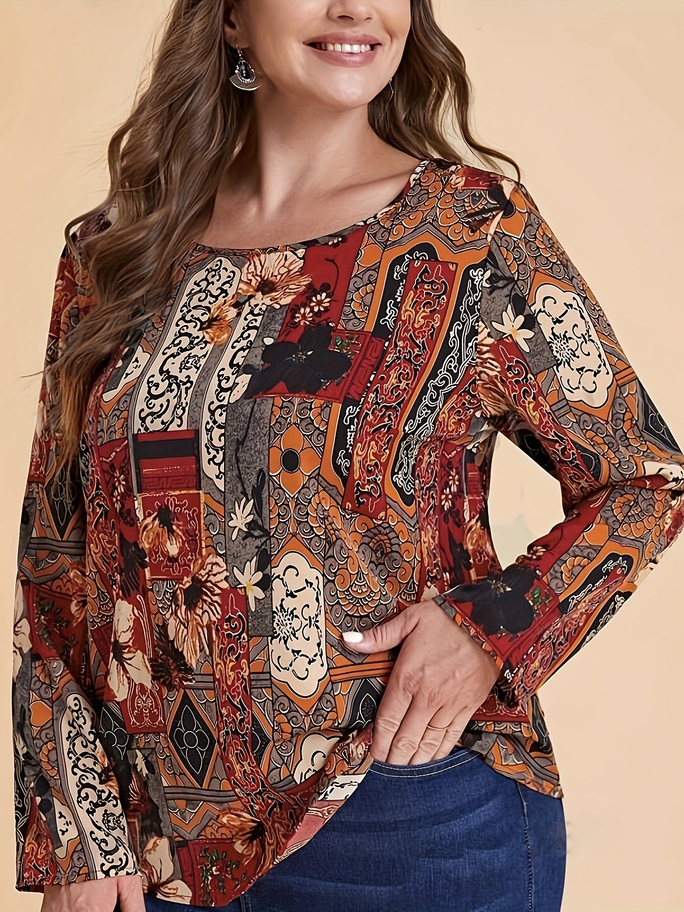 Plus Size Floral Print T-shirt, Vintage Long Sleeve Crew Neck Top For Spring & Fall, Women's Plus Size Clothing