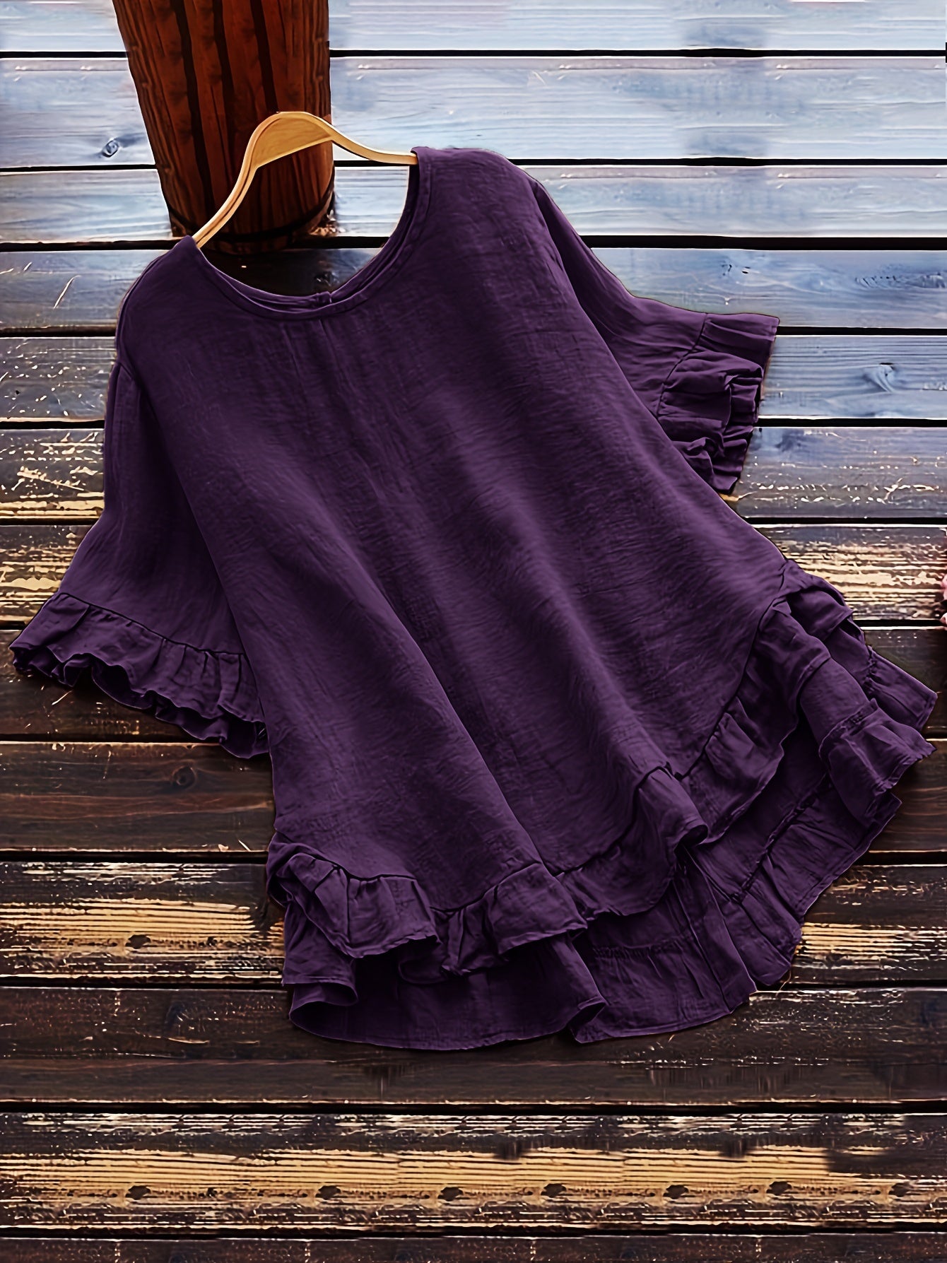 Sold Ruffle Trim Simple Blouse, Casual Button Back Blouse For Spring & Summer, Women's Clothing