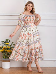 Plus Size Romantic Dress, Women's Plus Floral Print Shirred Butterfly Sleeve Square Neck Smock Maxi Dress