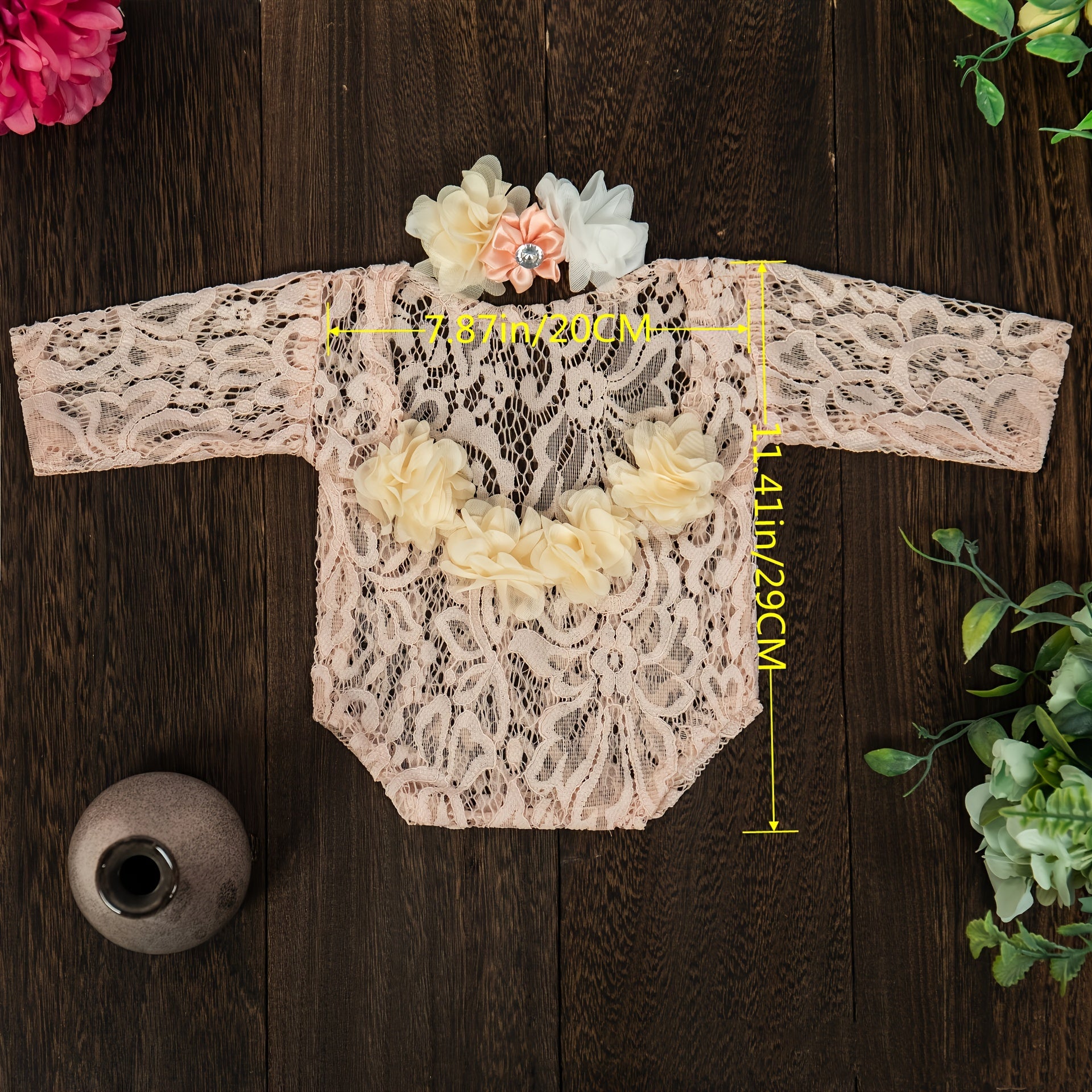 Newborn Lace Romper Photo Clothes, Headband With Artificial Diamond Pearl Hair Accessories, Infant Chiffon Lace Photography Long Sleeve Embroidered Stretch Lace Romper