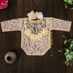 Newborn Lace Romper Photo Clothes, Headband With Artificial Diamond Pearl Hair Accessories, Infant Chiffon Lace Photography Long Sleeve Embroidered Stretch Lace Romper