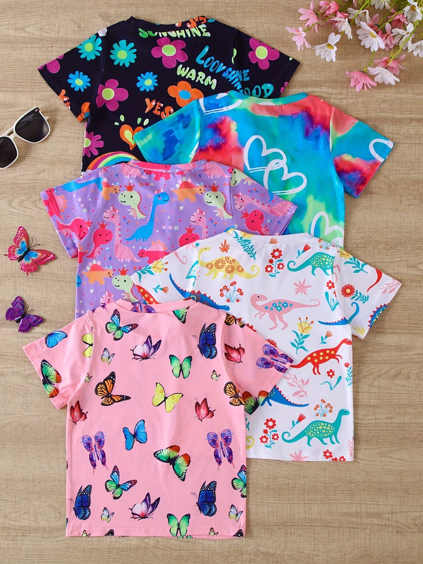 5pcs Girls Short Sleeve T-shirt Set - Lightweight & Soft Knit with Butterfly, Dinosaur, Flora & Heart Prints - Trendy Crew Neck Tee Tops for Casual Summer Wear, Daily Essential