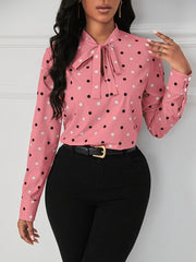 Polka-dot Print Tie Neck Blouse, Elegant Long Sleeve Top For Spring & Fall, Women's Clothing