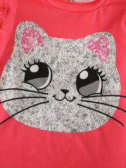 3pcs Adorable Girls Kitty Graphic Sparkling Sequin T-shirt Set with Ruffle Trim - Fashionable Summer Wear for Little Fashionistas