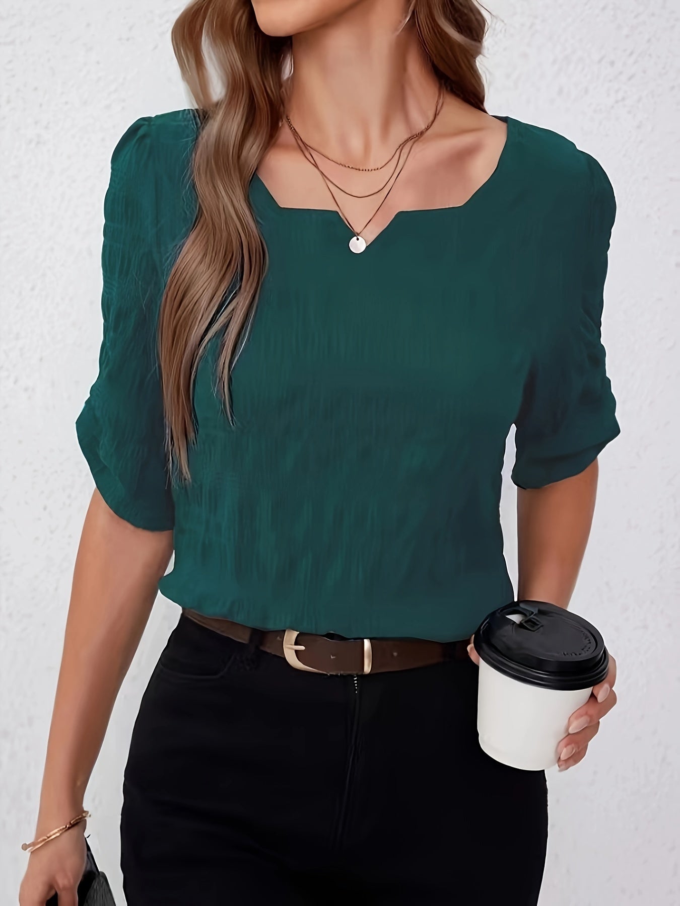 Solid Color Notch Neck Blouse, Casual Half Sleeve Blouse For Spring & Summer, Women's Clothing