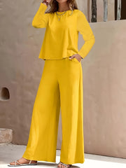 Solid Color Casual Two-piece Set, Long Sleeve Crew Neck Top & Wide Leg Pockets Loose Pants Outfits, Women's Clothing