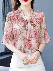 Floral Print Tie Neck Blouse, Elegant Flare Sleeve Blouse For Spring & Fall, Women's Clothing