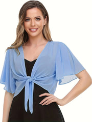 Solid Color Knotted Front Blouse, Elegant Short Sleeve Chiffon Blouse For Summer, Women's Clothing