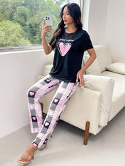 Romantic Heart Print Womens Two-piece Set - Lightweight Short Sleeve T-shirt & Flattering Wide Leg Pants Outfit - Fashionable Casual Wear for Everyday Style