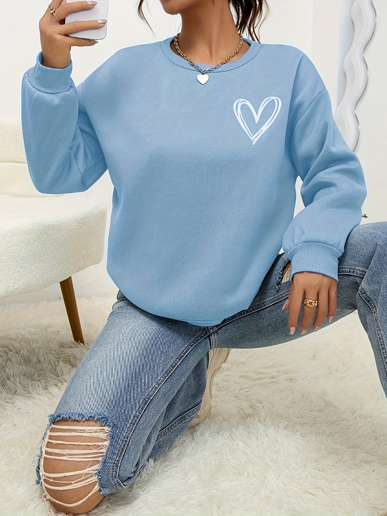 Heart Print Pullover Sweatshirt, Casual Long Sleeve Crew Neck Sweatshirt For Fall & Winter, Women's Clothing