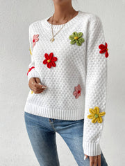 Floral Design Crew Neck Knitted Sweater, Casual Long Sleeve Drop Shoulder Pullover Sweater For Fall & Winter, Women's Clothing