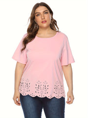 Plus Size Scallop Trim Cut Out T-Shirt, Casual Crew Neck Short Sleeve T-Shirt, Women's Plus Size Clothing