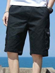 Men's Label Patchwork Solid Cargo Shorts With Flap Pockets, Versatile And Trendy For Summer Outdoors And Sports Wear