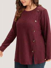 Plus Size Ribbed Split T-Shirt, Casual Crew Neck Long Sleeve T-Shirt, Women's Plus Size Clothing