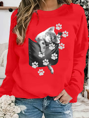 Cat & Paws Print Pullover Sweatshirts - Cozy Long Sleeves for Ultimate Comfort, Classic Crew Neck Design, Ultra-Relaxed Fit for Everyday Casual Wear, Perfect for Chilly Fall and Winter Days