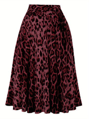 Plus Size Retro Skirt, Women's Plus Leopard Print Elastic Tie Waist Swing A-line Skirt