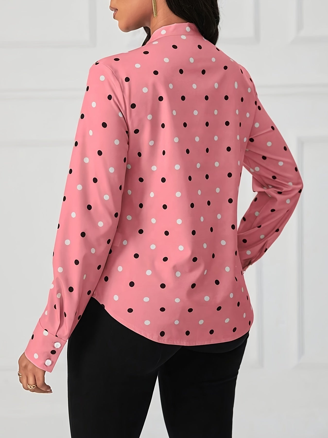 Polka-dot Print Tie Neck Blouse, Elegant Long Sleeve Top For Spring & Fall, Women's Clothing