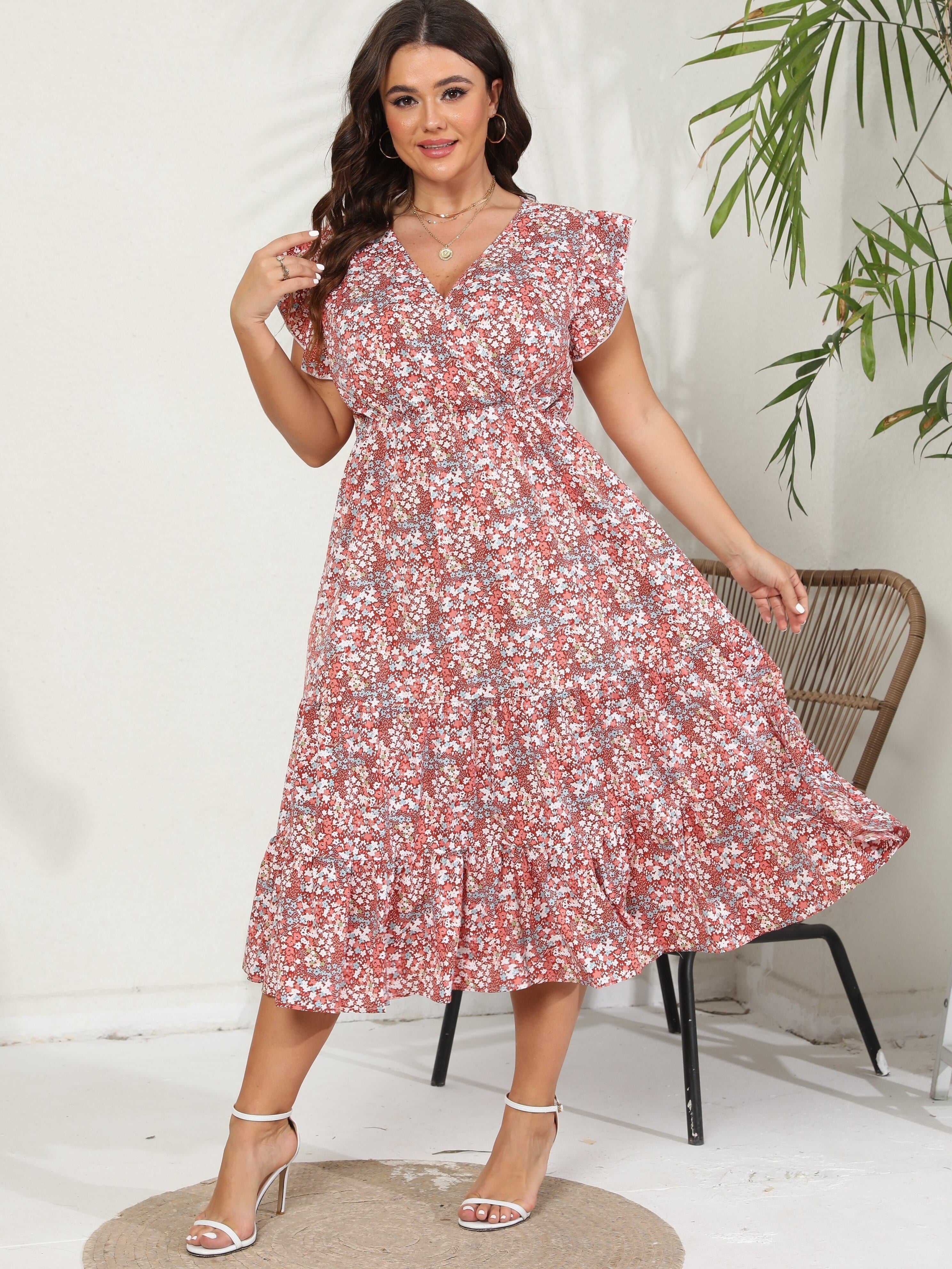 Plus Size Floral Print Ruffle Dress, Vacation Casual V Neck Dress For Spring & Summer, Women's Plus Size Clothing