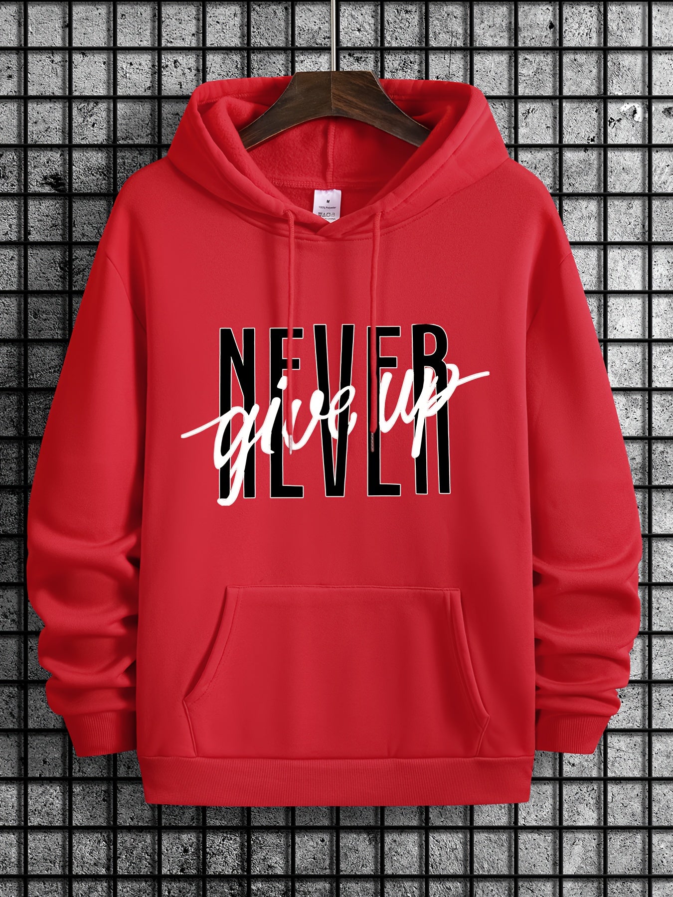 Novel Design Phrase NEVER GIVE UP Print, Men's Fashion Trendy Long Sleeve Hoodie & Sweatshirt With Drawstring & Pocket For Outdoor Daily Wear