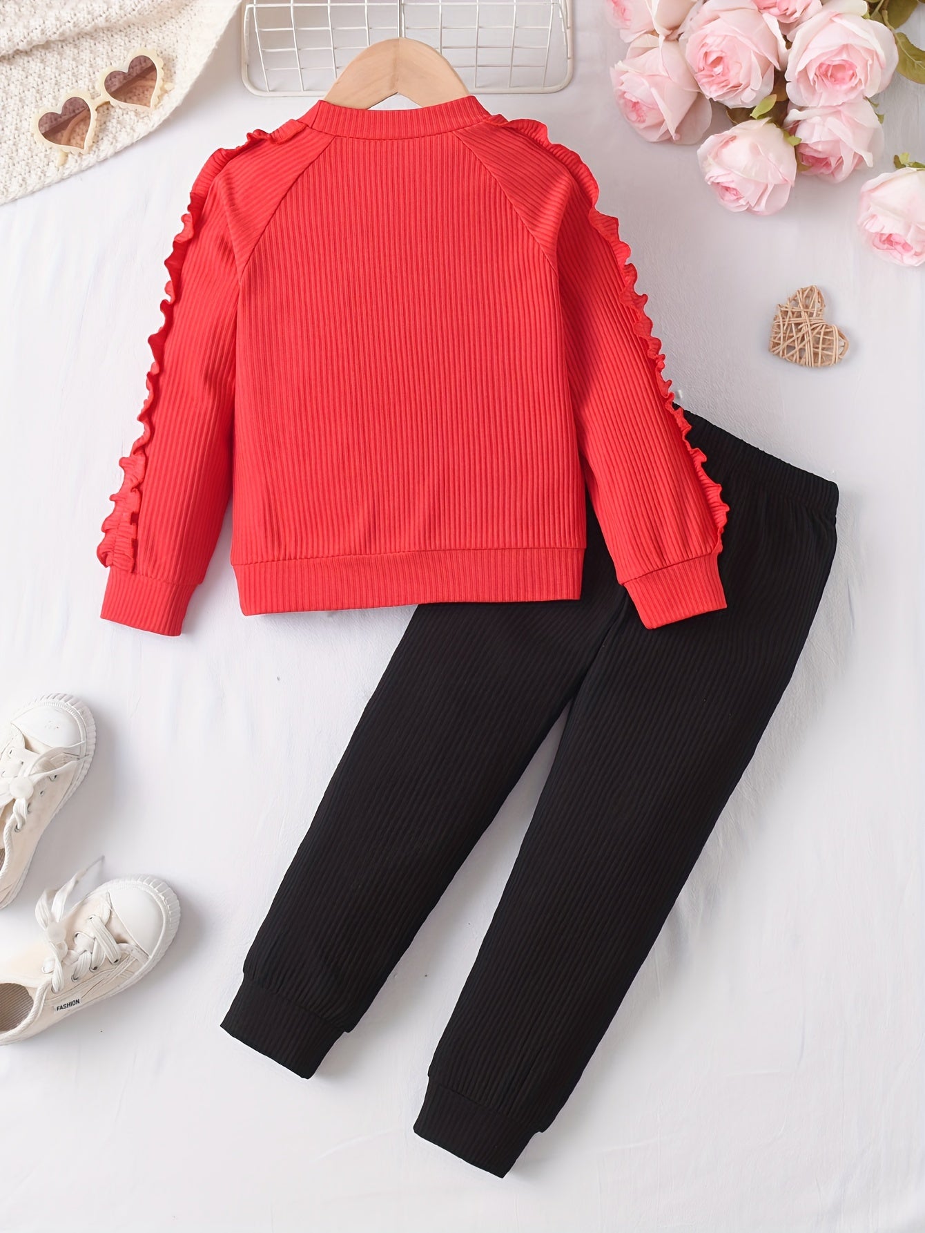 Girls 2Pcs, Chic Frilled Long Sleeve Heart Graphic Pullover Top + Pants Casual Set, Cute Girls Spring Fall Clothes