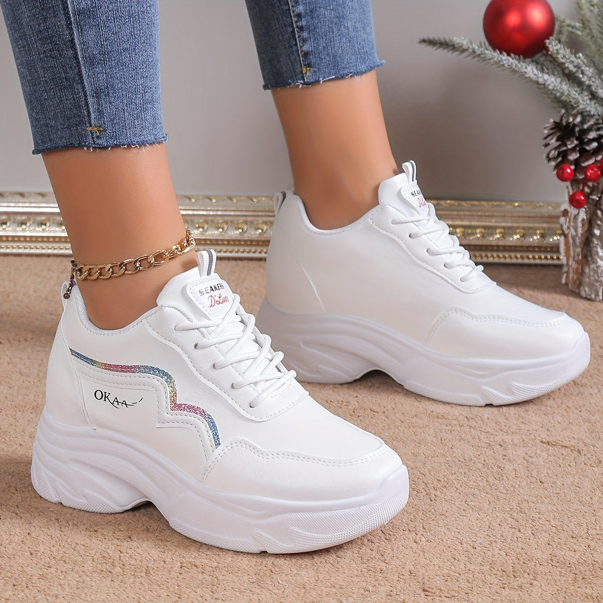 Womens Fashionable Solid Color Lace-Up Sneakers - Pillow-Soft Sole, Height-Boosting Sporty Trainers - Ultra-Trendy Low-top Shoes