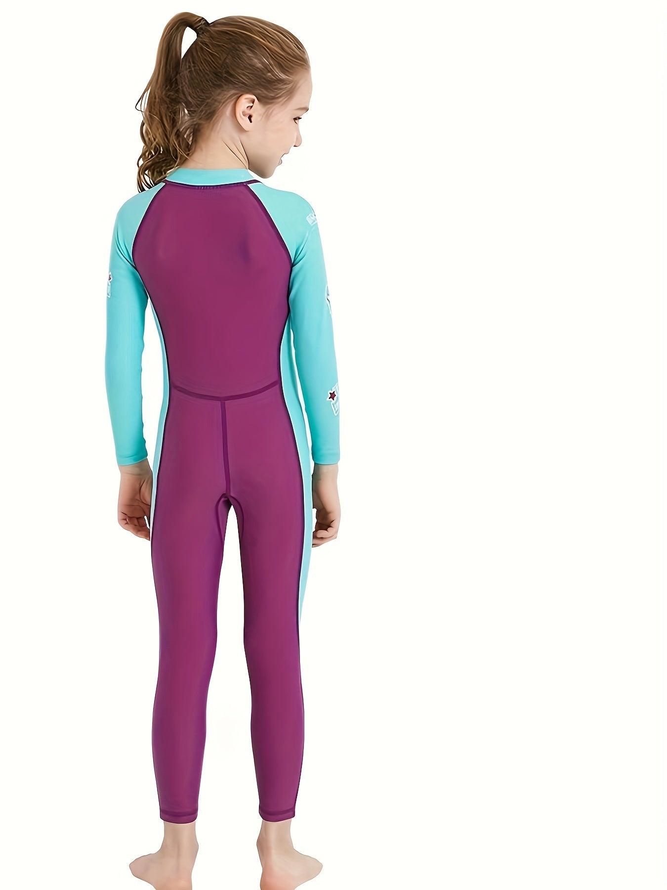 Girl's Zip Up One-piece Swimsuit, Color Clash Long Sleeve Surfing Suit, Kid's Swimwear For Summer Beach Vacation