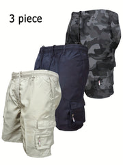 3pcs Mixed Color Men's Regular Fit Elastic Waist Cargo Shorts With Side Pockets For Summer Outdoor Leisure And Work