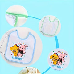 7-Pack Baby Feeding Bibs with Day of the Week Designs - Waterproof, Cotton, Pull-on Closure, for 0-3 Years Old - Newborn Saliva Towel, Anti-Spit Milk Bibs for Infants