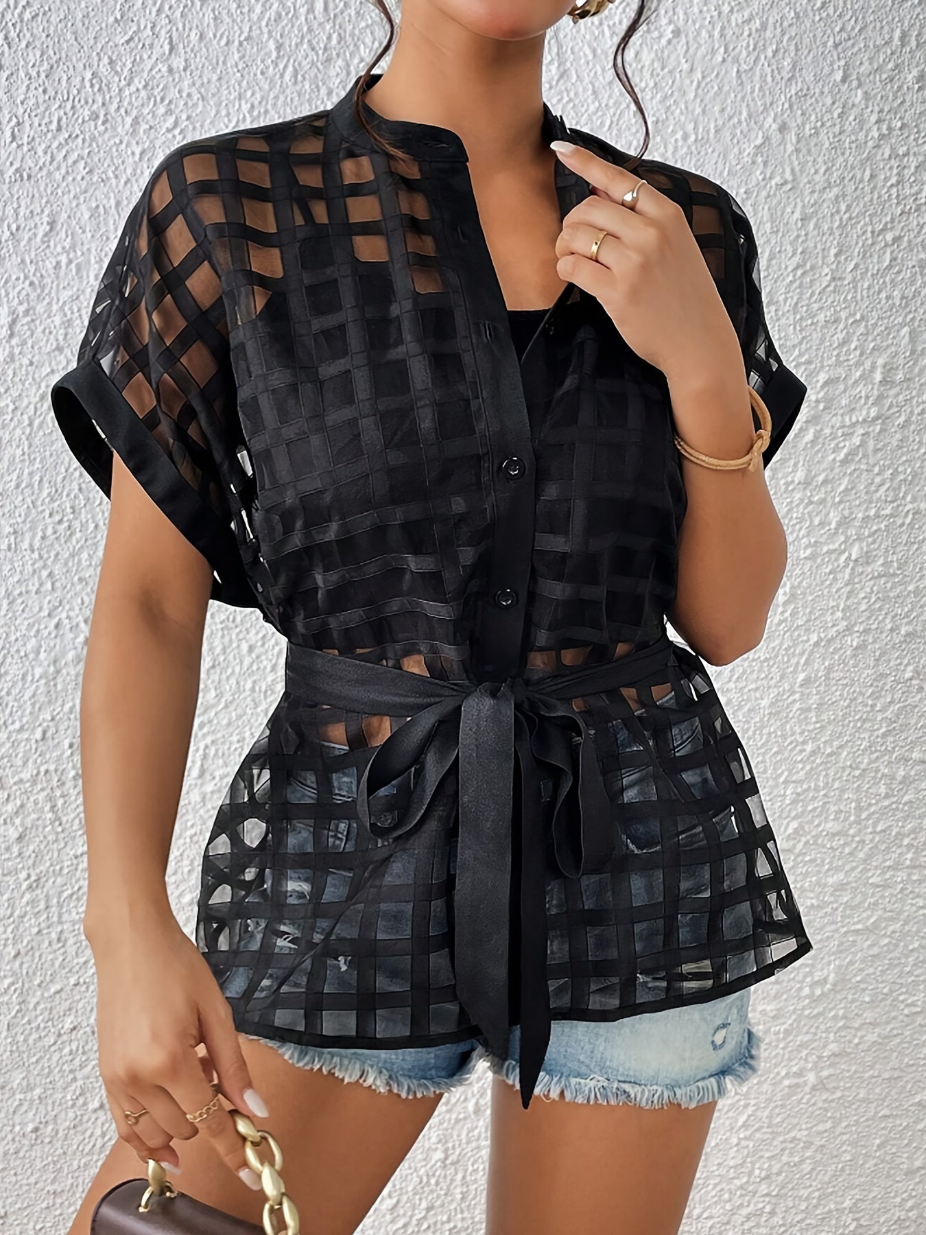 Semi-sheer Button Front Shirt, Casual Short Sleeve Tie Waist Shirt For Spring & Summer, Women's Clothing