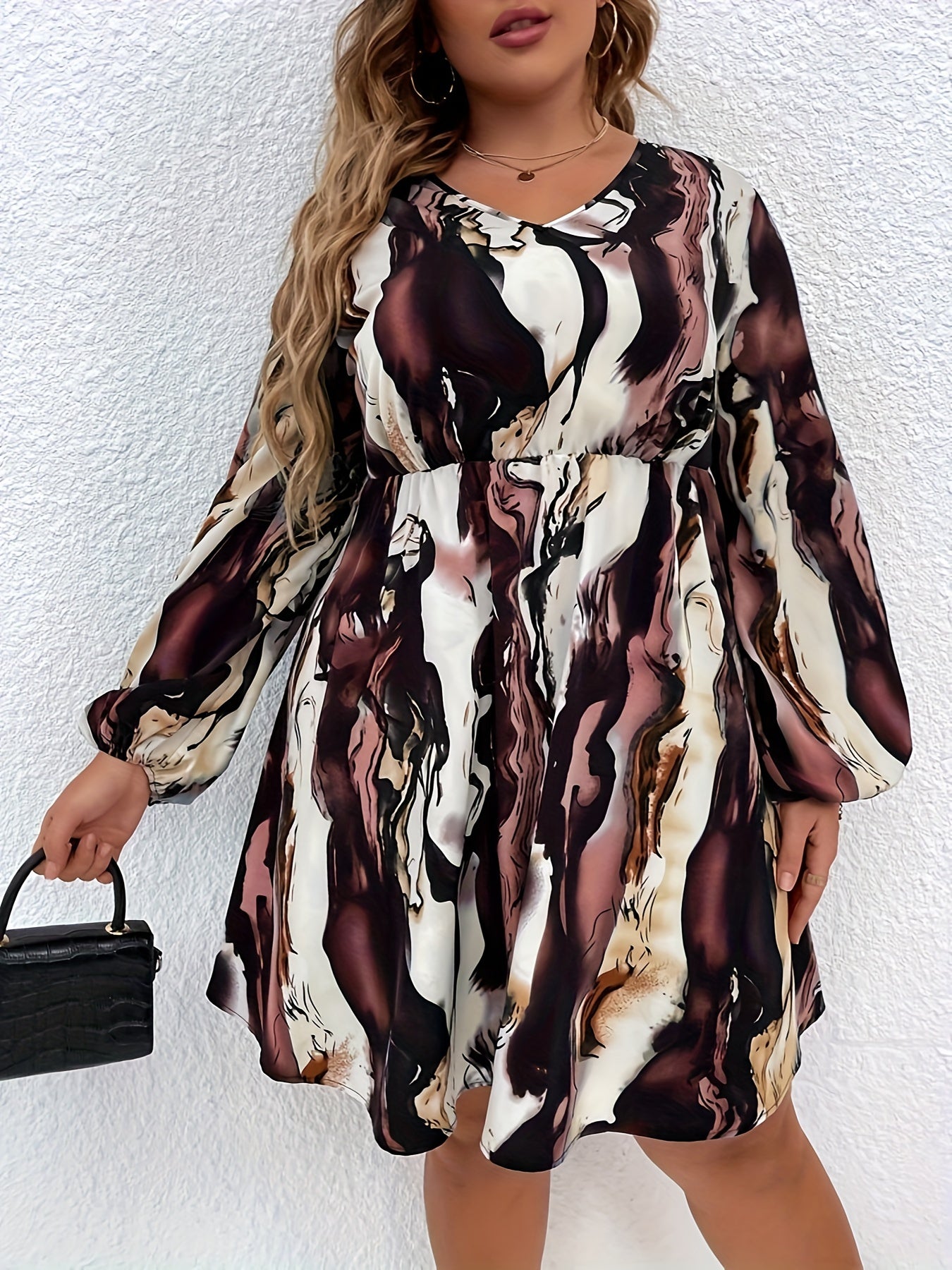 Plus Size Colorblock Print Cinched Waist Dress, Elegant Long Sleeve Dress For Spring & Fall, Women's Plus Size Clothing