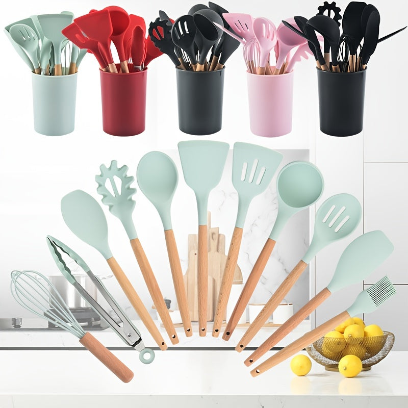 12pcs Wooden Handle Silicone Kitchen Utensils 12 Pieces Non-stick Spatula Kitchen Tool Cooking Spatula Spoon Baking Set, School Supplies, Back To School, Dorm Essentials