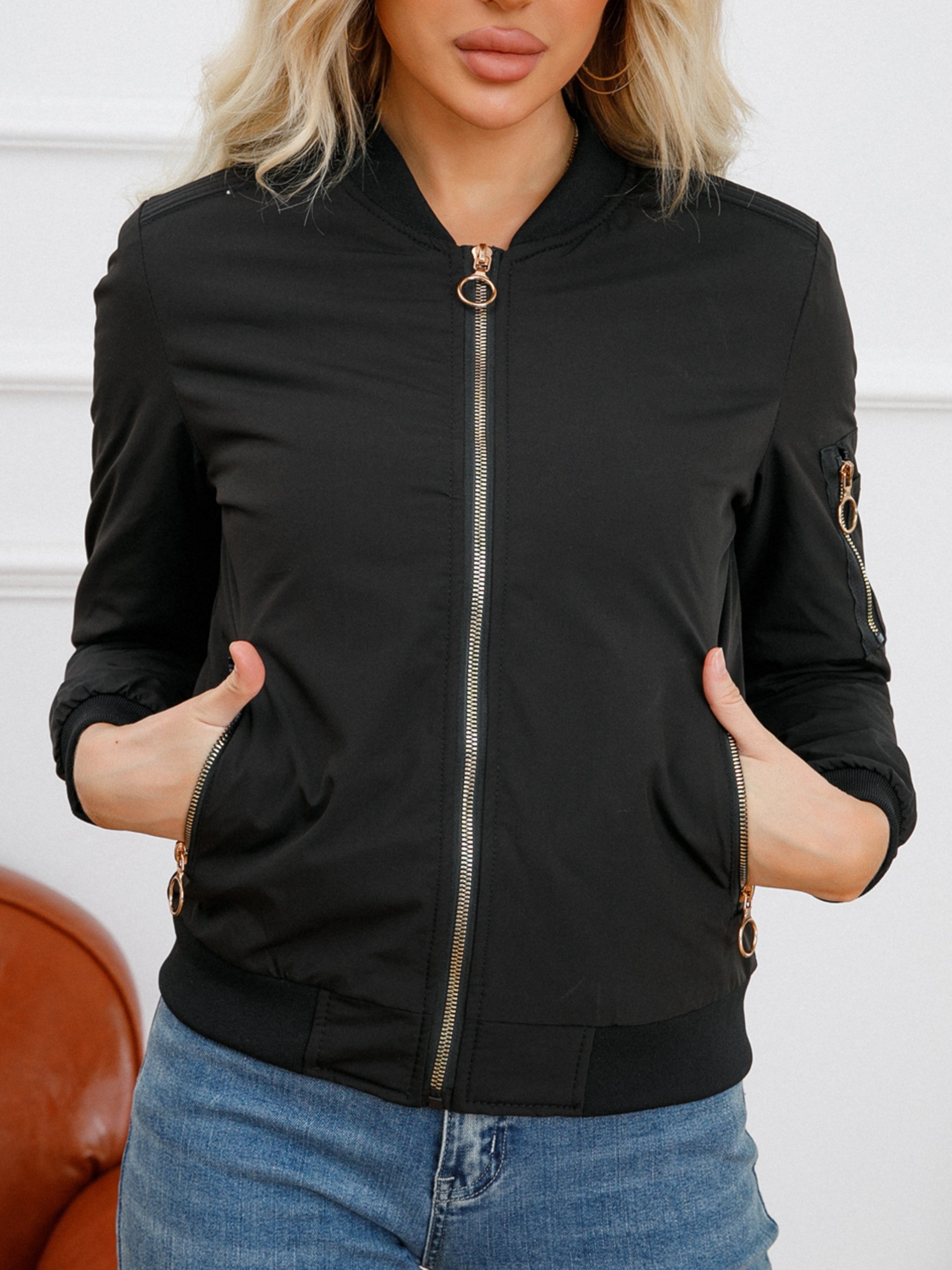 Solid Color Zipper Front Simple Jacket, Casual Long Sleeve Jacket For Fall & Winter, Women's Clothing