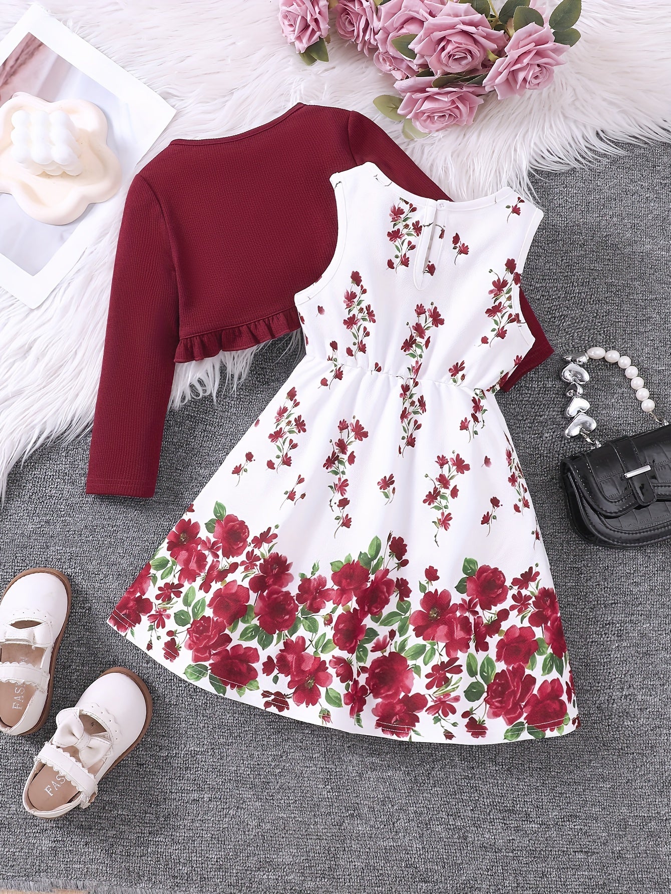 Sweet Girls 2pcs Solid Frill Trim Long Sleeve Outerwear + Flower Graphic Sleeveless Dress Set For Summer Party Gift