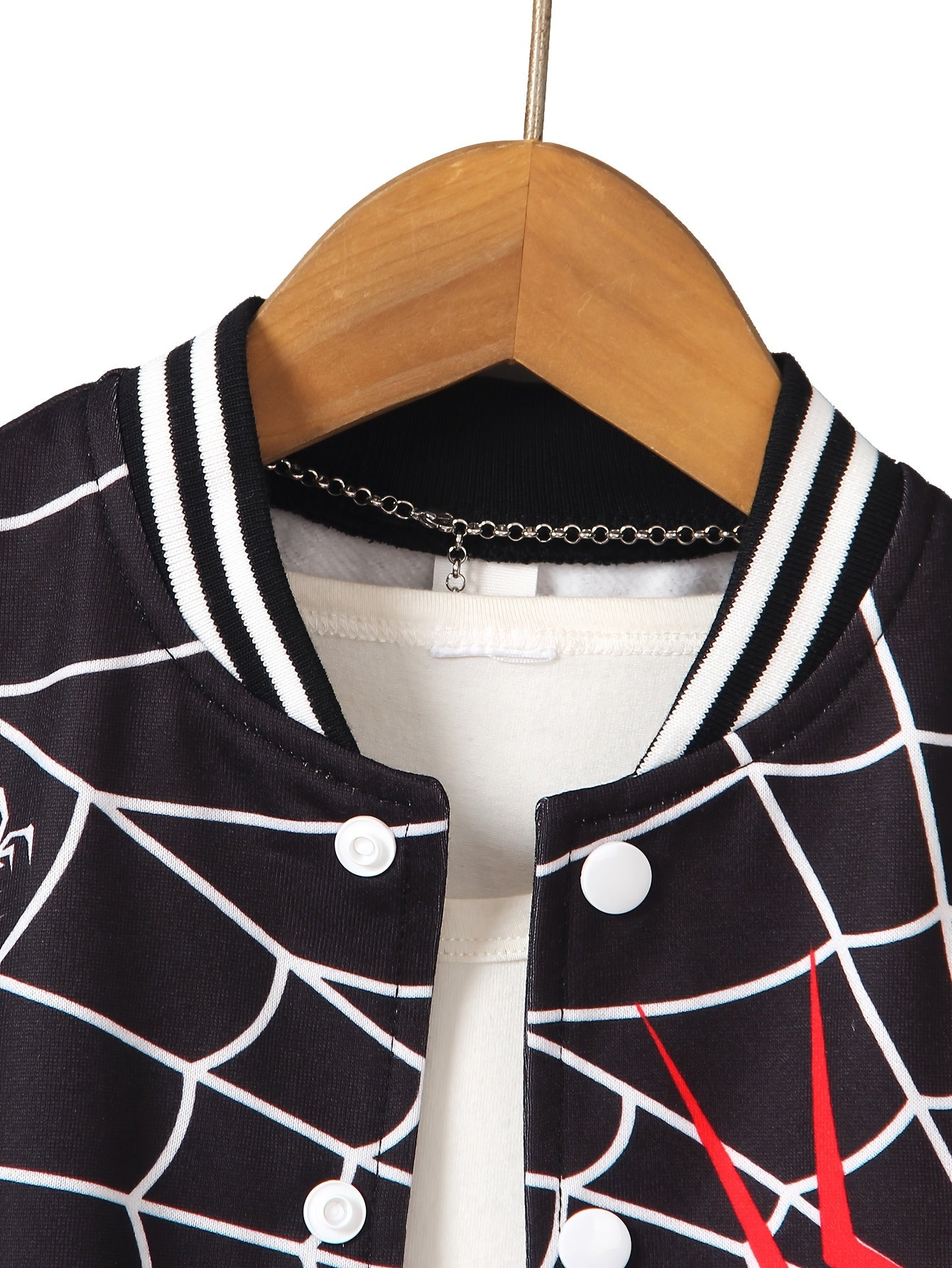 Boys Cool Spider Web Print Long Sleeve Color Block Drop Shoulder Varsity Baseball Jacket Coat